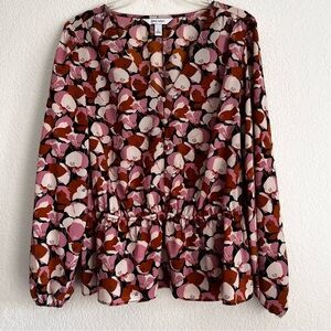 Nine West Blouse Multi Flower Pattern Long Sleeves Elastic Waist Black Pink